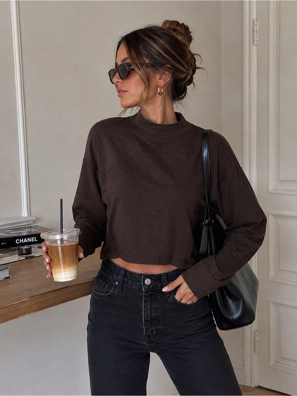 LNA Dark Brown Cropped Long Sleeve Top